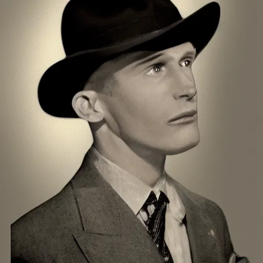 Image similar to A photograph portrait of Jerma985 wearing a suit with and fedora in the 1940s, taken in the early 1940s, grainy, taken on a 940s Kodak Camera, realistic, hyperrealistic, very realistic, highly detailed, very detailed, extremely detailed, detailed, digital art, trending on artstation