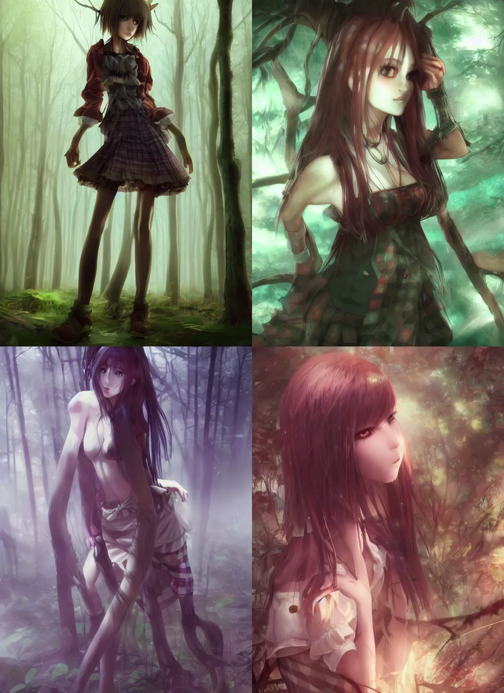 Prompt: katio jones as a woman in plaid miniskirt standing in a dark forest, anime style, by yoshitaka amano, by wenjun lin, digital drawing, gorgeous face, octane render