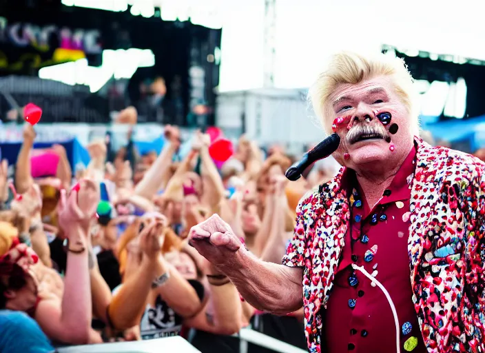 Image similar to photo still of rip taylor at vans warped tour!!!!!!!! at age 6 3 years old 6 3 years of age!!!!!!! on stage throwing confetti at a crowd, 8 k, 8 5 mm f 1. 8, studio lighting, rim light, right side key light