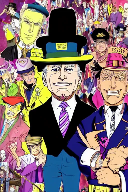 Image similar to Joe Biden as Jotaro Kujo JoJo from JoJo's Bizarre Adventure battling Donald Trump, anime drawing by Hirohiko Araki, vivid colors, colorful fashion