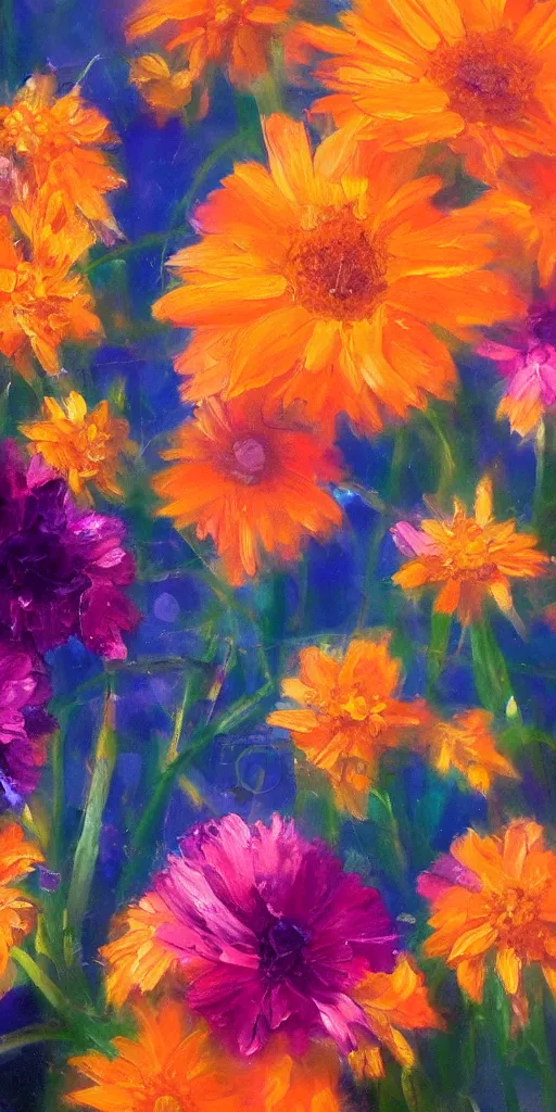 Image similar to a beautiful image of flowers, close up, detail, oil painting, orange, blue & magenta shadows, Jacob van Huysum, very detailed, trending on artstation