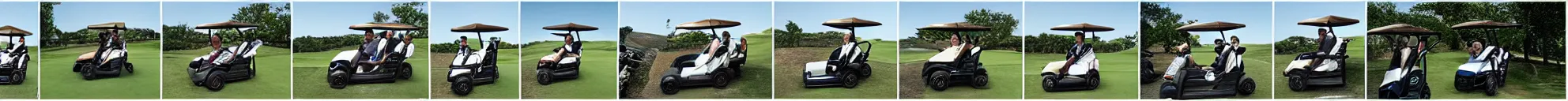 Image similar to 8 consistent frames from a video of a man driving golf cart on a golf course