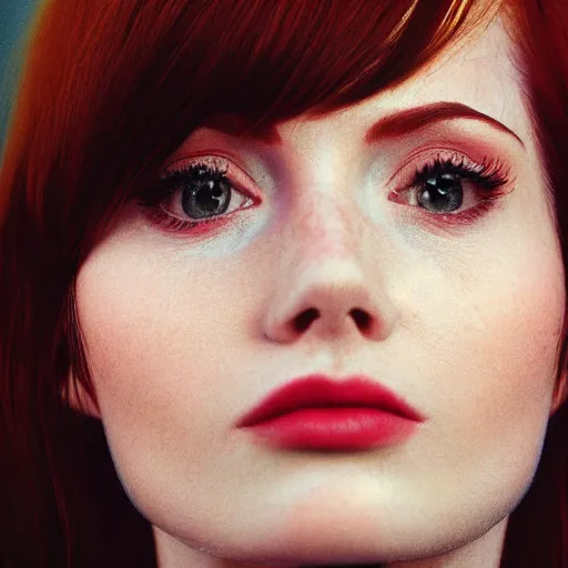 Image similar to portrait of karen gillan, close up, sharp details, studio photo. nikon 2 9 mm f / 0. 8, cinelux asa 1 0 0, medium - format print.