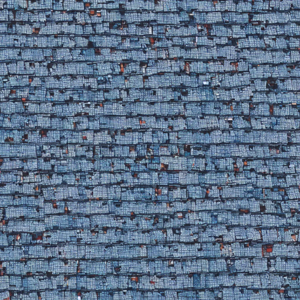 Image similar to bird's eye view of single blue rooftop building, seamless texture of bricks on top of roof, 8k