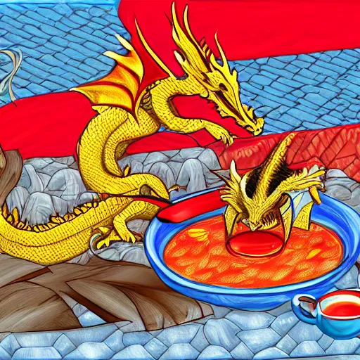 Prompt: Dragon eating russian borsch soup on the Red Square, digital art