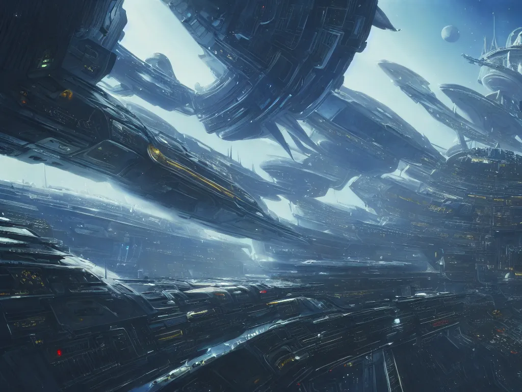 Prompt: an massive capital spaceship, cinematic, shadows, 4 k, detailed, by john berkey and peter jackson and ridley scott and beeple and greg rutowski
