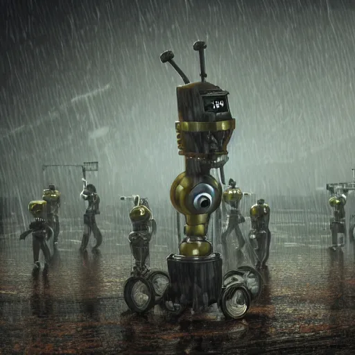 Image similar to steampunk robot warriors battling each other in heavy rain, ground fog, @, moody lighting, 8 k, lightning, shallow depth of field, cinematic lighting,