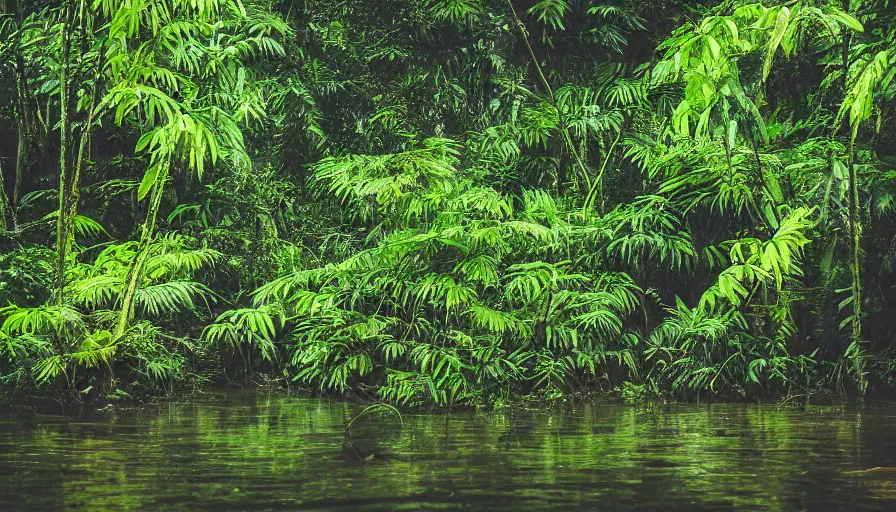 Image similar to a rainy foggy jungle, river with low hanging plants, there is the strangest bird, it’s a huge bird, great photography, ambient light