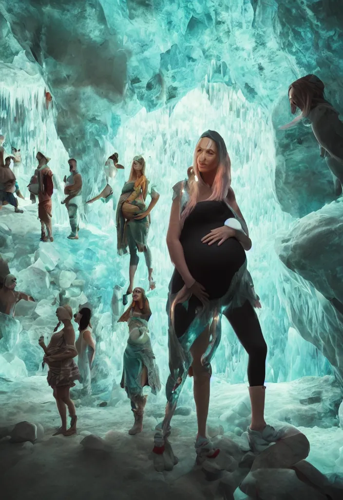 Image similar to epic leader pregnant woman talking to all her tribe with futuristic fluorescence, proud people looking at the pregnant woman, ice cave, facinating, fantasy digital art, octane render, beautiful composition, trending on artstation, coherent, masterpiece, photorealistic