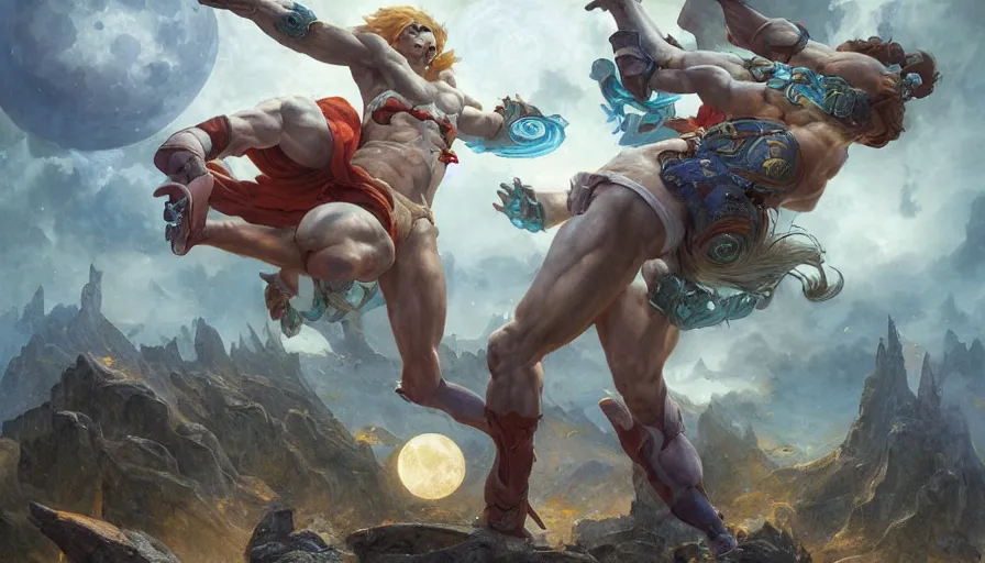 Prompt: epic masterpiece tournament, hyperrealistic, octane render, cinematic, night, moon, muscular bodies, sweaty skin flying kicks, magic, by Edgar Maxence and Ross Tran and Michael Whelan, Lorenzo Sperlonga Legends of Runeterra