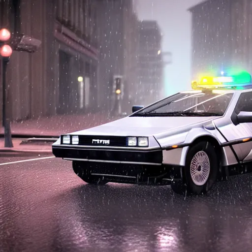 Image similar to hyperdetailed, photorealistic photograph of a dmc 1 2 delorean driving in the streets, rain, night, dense fog, hd, unreal engine 5