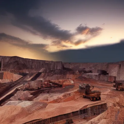 Prompt: bottom-up view huge deep stone quarry landscape quarry of dirty iron ore in the evening light golden hour, atmospheric lighting, 8k resolution, best color graded, vray beautiful, hyper-realistic render W 1920 H 1080