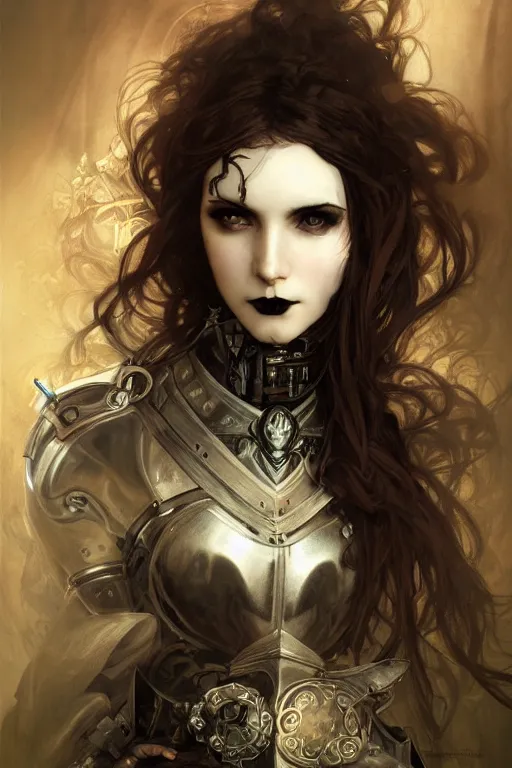 Prompt: beautiful and gothic and evil and dieselpunk young medieval female knight portrait +smoky eyes+front face with light flowing hair, ultradetail face, art and illustration by tian zi and craig mullins and WLOP and alphonse mucha, fantasy, intricate complexity, human structure, human anatomy, fantasy character concept, watermark, blurry, hyperrealism 8k