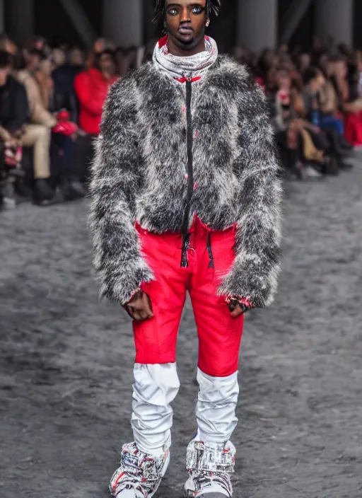 Image similar to hyperrealistic and heavy detailed moncler runway show of whole lotta red by playboi carti, leica sl 2 5 0 mm, vivid color, high quality, high textured, real life