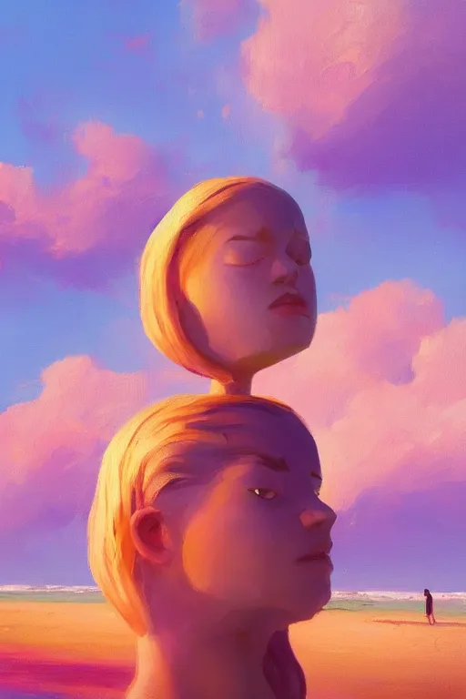 Prompt: closeup, giant lilac head, girl on beach, surreal photography, golden hour, colorful clouds, impressionist painting, digital painting, artstation, simon stalenhag