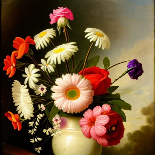 Image similar to a still life of a vase of flowers with a mix of roses daisies and lilies.