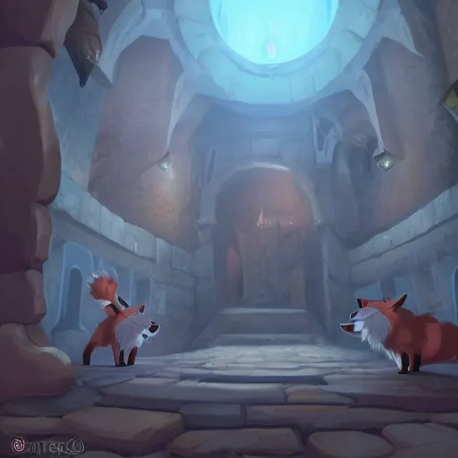 Prompt: an anthropomorphic furry Fox explores a Dungeon, Artstation