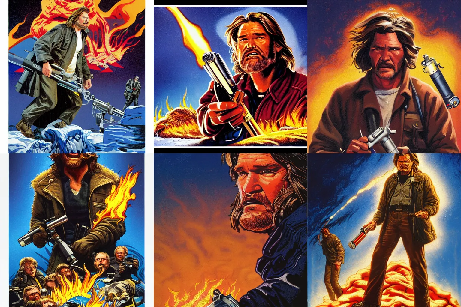 Prompt: The Thing poster artwork by Michael Whelan Rendering of Kurt Russell with flame thrower, full of details by Thomas Kinkade and Roy Lichtenstein, trending on artstation