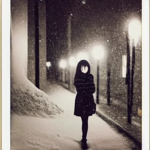 Image similar to polaroid of a young japanese woman on a snowy night, street lights