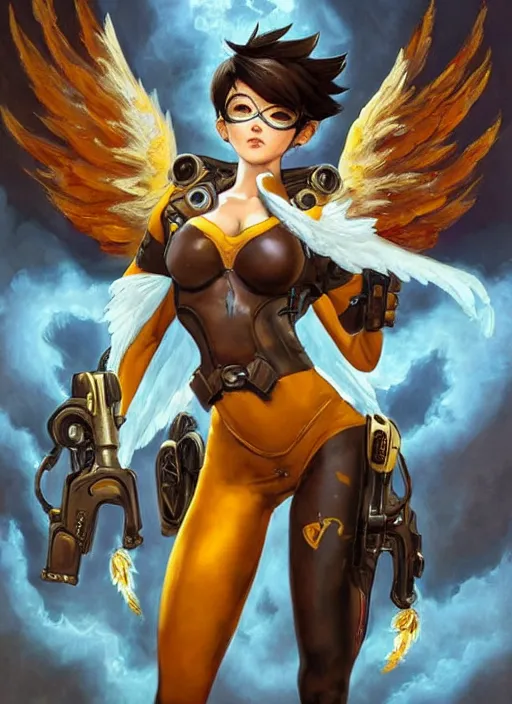 Image similar to full body oil painting of tracer overwatch in the style of frank frazetta, angel wings, dramatic painting, symmetrical composition, ornate, golden chains, silky garment, high detail, gold detailed collar!!!!!, blooming, angelic, lights, flowers, heavenly, bright, detailed face,