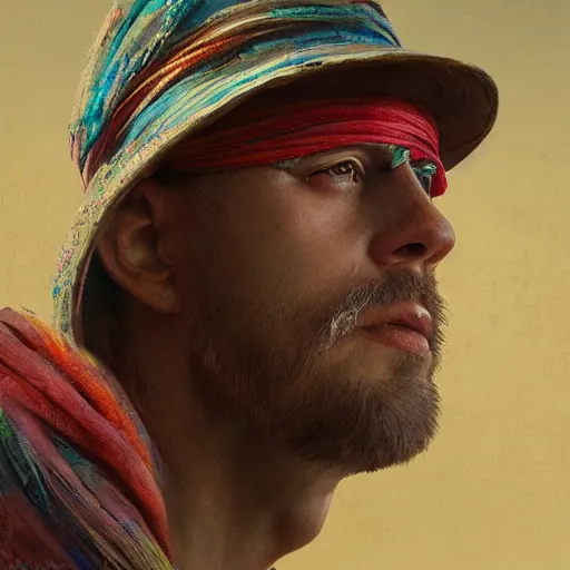 Image similar to portrait of a blindfolded man in multicolored robes, a large straw hat, detailed face, highly detailed, cinematic lighting, digital art painting by greg rutkowski