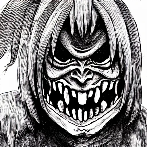 Prompt: a horrifying oni drawn by junji ito, scary, demonic, black and white, red eyes