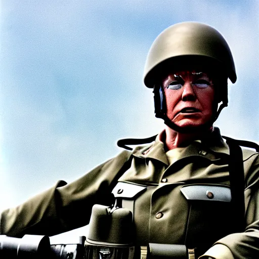 Image similar to donald trump as a soldier in vietnam, riding tank, kodak, film still, blue tint