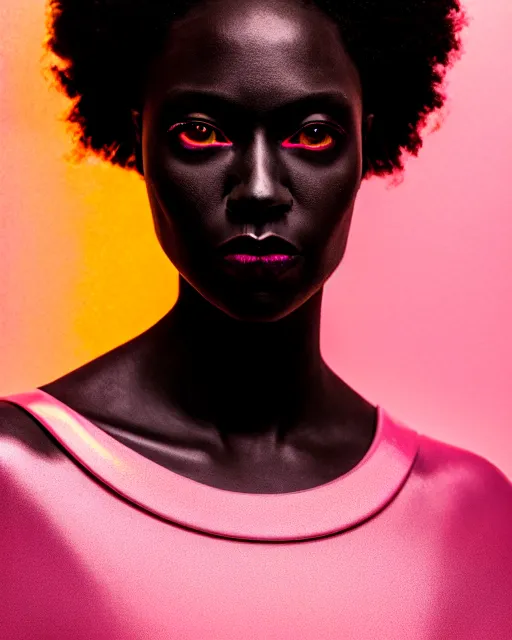 Image similar to hyperrealist highly intricate neo-gothic portrait pink pearlescent exoskeleton beautiful black goddess concept art pascal blanche key sage dramatic yellow lighting 8k high angle shallow depth of field