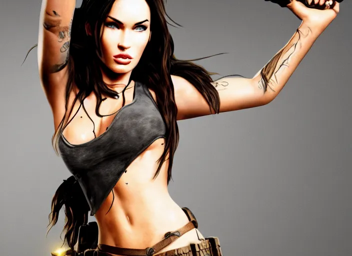 Image similar to megan fox as lara croft, full body view, magic and fantasy, highly detailed face, specular reflection, occlusion shadow, trending on artsation, bokeh, masterpiece