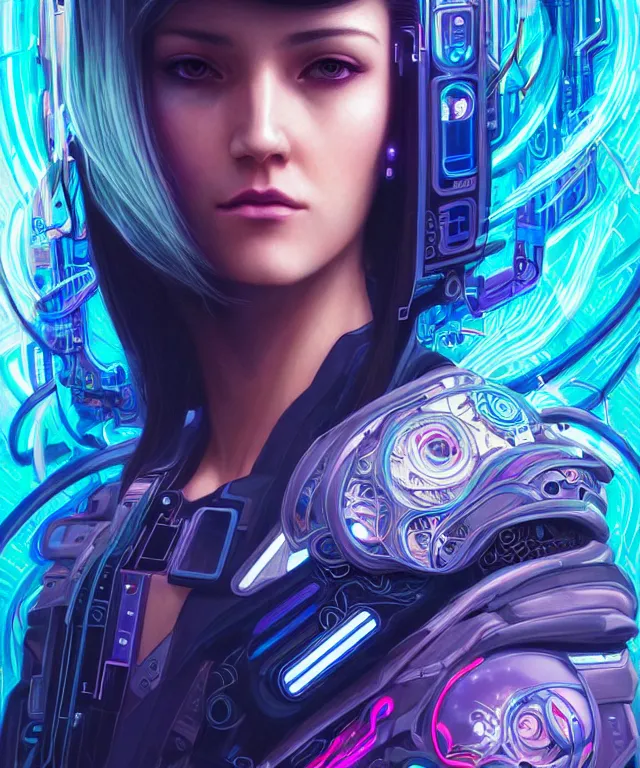 Image similar to beautiful adult woman wearing netrunner clothing, extremely detailed face, cyberpunk, cybernetic, cyborg, vaporwave aesthetic, synthwave, flowing hair, colorful, psychedelic, intricate, elegant, highly detailed, digital painting, artstation, concept art, smooth, sharp focus, illustration, art by artgerm and greg rutkowski and alphonse mucha