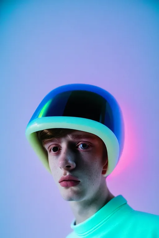 Image similar to high quality pastel coloured film mid angle portrait photograph of a beautiful young 2 0 year old male, soft features, short hair, perspex face visor and oversized inflated clothing!!!! icelandic black! rock pool environment. atmospheric three point light. photographic. art directed. ( pastel colours ). volumetric. clearcoat. waves. 8 k. filmic.