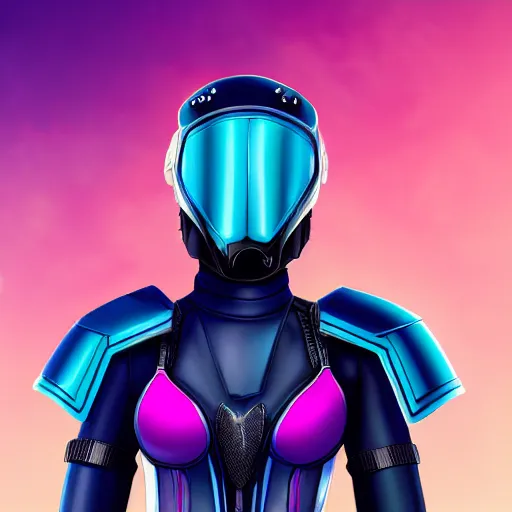 Image similar to a stunning upper body portrait of a beautiful young woman wearing futuristic navy blue and teal battle bodyarmor and pauldrons and ombre purple and pink hairstyle with hair blowing in the wind, by marvel comics, outrun, vaporware, highly detailed, fine detail, intricate, digital art, trending on artstation