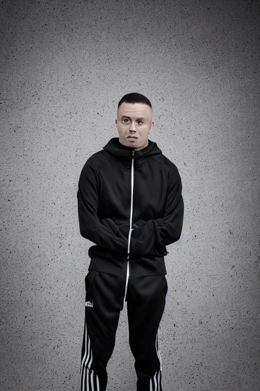 Image similar to Professional portrait photo of a drunk man wearing black adidas tracksuit, high quality photo, 25mm