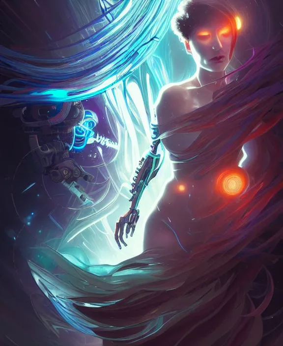 Prompt: a whirlwind of souls rushing inside the metaverse, half body, glowin eye, android, cyborg, cyberpunk face, by loish, d & d, fantasy, intricate, elegant, highly detailed, colorful, vivid color, digital painting, artstation, concept art, art by artgerm and greg rutkowski and alphonse mucha and ruan jia