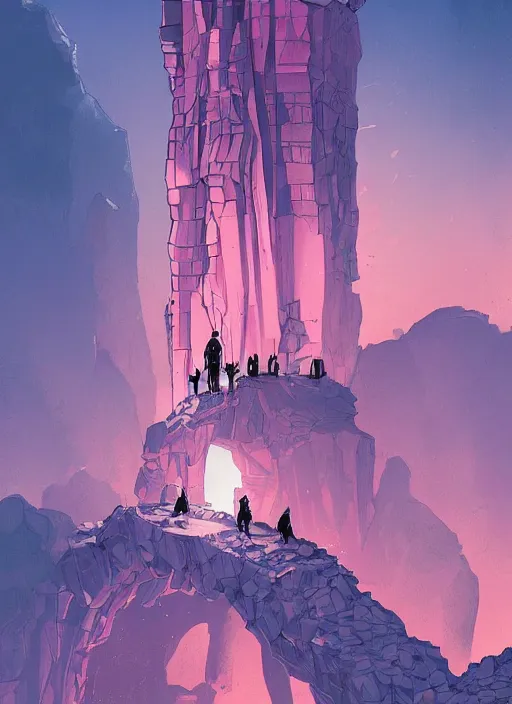 Prompt: comic book art of a [ man ] in trenchcoat in armour crossing a [ old bridge ] above a [ crevasse ] [ mountain in the background ] made of crystalized pink rock, a [ glowing tower ] extends into the sky, low angle, artstation illustration, elegant, arcane by tim doyle