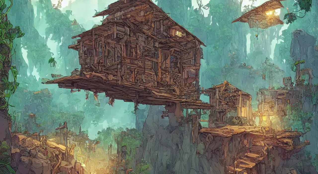 Image similar to open door wood wall fortress child house flag amazon jungle on portal unknow world ambiant fornite colorful that looks like it is from borderlands and by feng zhu and loish and laurie greasley, victo ngai, andreas rocha, john harris