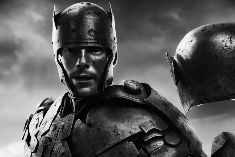 Prompt: still photo of a iron age war man looking at the camera in a battlefield, black and white color aesthetic, highly detailed, photorealistic portrait, bright studio setting, studio lighting, crisp quality and light reflections, unreal engine 5 quality render