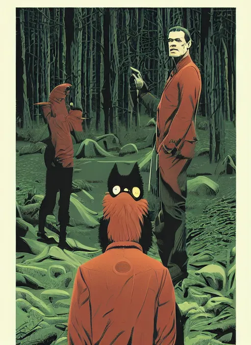Prompt: Twin Peaks poster art, of Michael Shannon discovering a man dressed as a Furry in the woods, mysterious creepy, poster artwork by James Edmiston, Michael Whelan, Bob Larkin and Tomer Hanuka, Kilian Eng, Ed Emshwiller, Glenn Fabry, Kelly Freas, Greg Hildebrandt, Joe Jusko, Martine Johanna, Scott Listfield, Chris Moore, from scene from Twin Peaks, simple illustration, domestic, nostalgic, from scene from Twin Peaks, clean, full of details, by Makoto Shinkai and thomas kinkade, Matte painting, trending on artstation and unreal engine