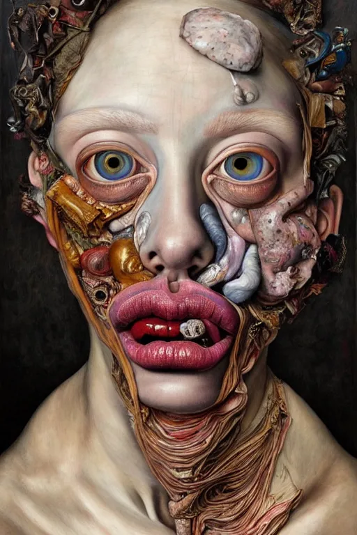 Image similar to Detailed maximalist portrait with large lips and eyes, scared expression, with extra flesh, HD mixed media, 3D collage, highly detailed and intricate, surreal illustration in the style of Jenny Saville, dark art, baroque, centred in image