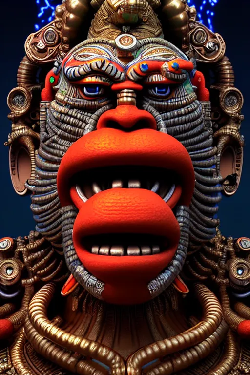 Image similar to high quality 3 d render post - rococo cyberpunk hanuman! head building, neon madhubani, open mouth, highly detailed, in sci - fi mumbai, cinematic smooth unreal engine, lee madgwick & liam wong, dramatic light, low angle, uhd 8 k, sharp focus