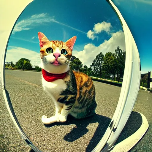 Prompt: cat that can do everything fisheye, retro, motivation