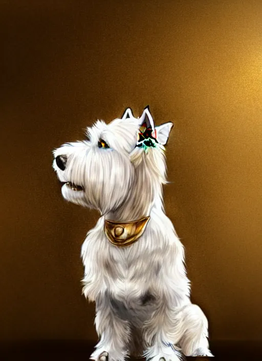 Image similar to a west highland white terrier sitting politely, facing the camera, wearing futuristic, golden armor, and a cannon mounted on his back, portrait, high detail, sharp focus, digital painting, artstation, concept art, art by hayao miyazaki and artgerm and greg rutkowski and alphonse mucha.