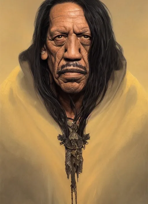 Image similar to Portrait of Danny Trejo, cloak, male, fantasy, extremely detailed, digital painting, artstation, concept art, smooth, sharp focus, illustration, stunning lighting, art by artgerm and greg rutkowski and alphonse mucha and simon stalenhag, realistic character concept, high fantasy, dark atmosphere, golden ratio, cinematic lighting, hyperdetailed, high resolution, insanely detailed and intricate, artstation, Marc Simonetti, Greg Rutkowski, 8k