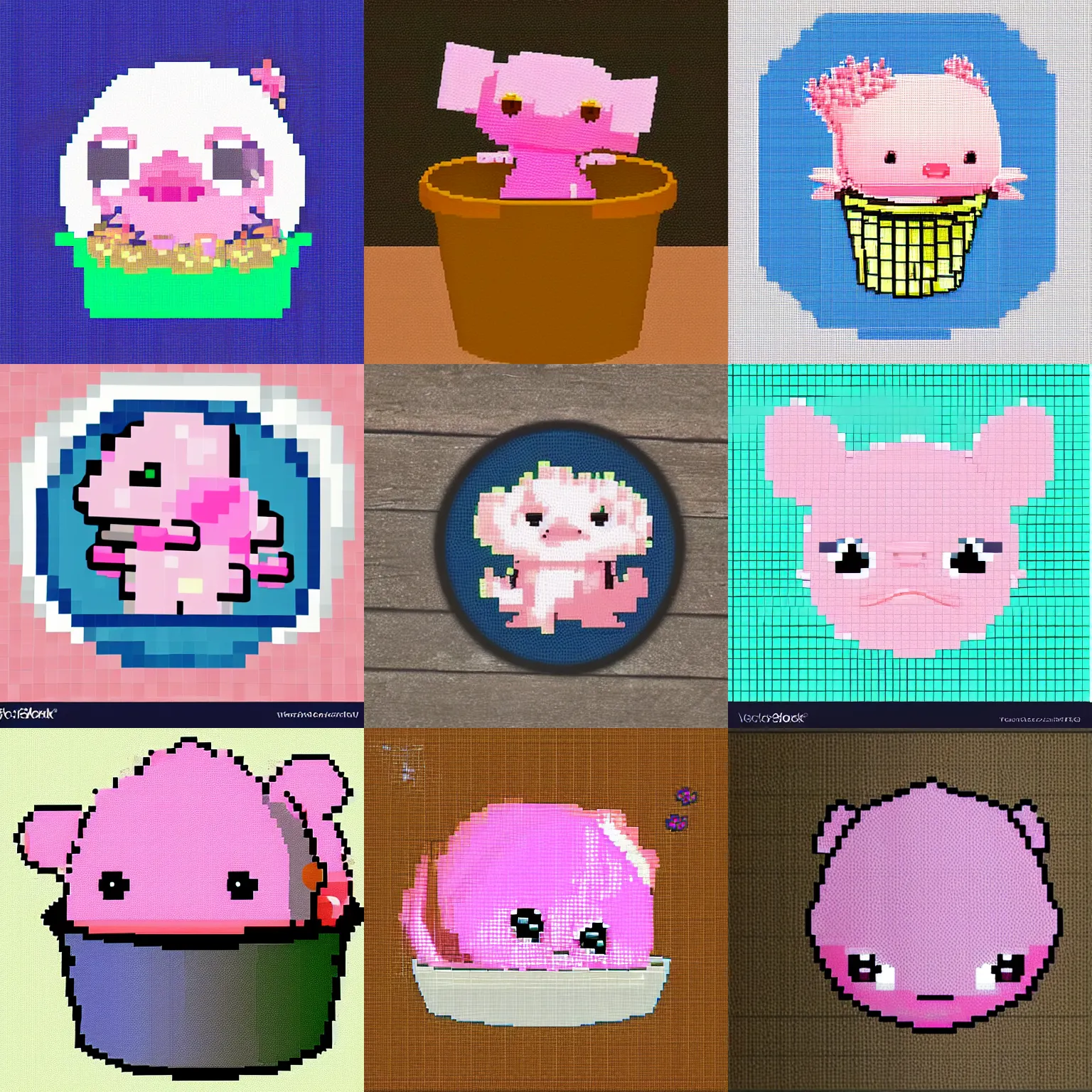 Prompt: cute round face pink axolotl in a bucket, pixel art, award winning, pixilated