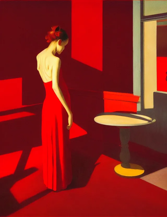 Image similar to only with red, red goddess, tokyo, a lot of frogs to watch, in the style of beksinsky, parts of edward hopper, parts of rodchenko, parts of yue mingjun, complex and epic composition, red caravaggio, insanely high - quality, very detailed, masterpiece, red light, artstation, 4 k