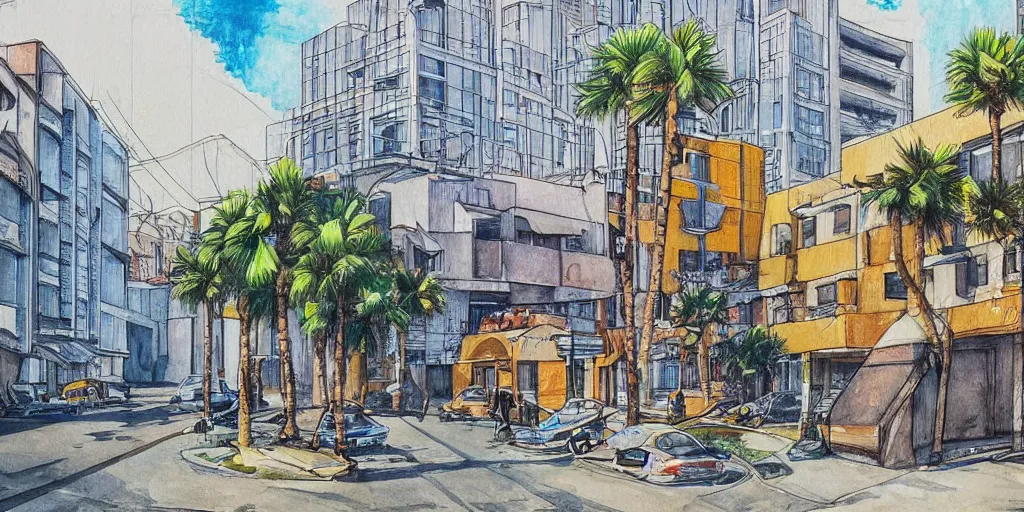 Prompt: bauhaus style street artists. painting of rounded bauhaus buildings in a junction in tel aviv. highly detailed. pen drawing painted with watercolors. colorful. low buildings. palm trees. super realistic. fluffy