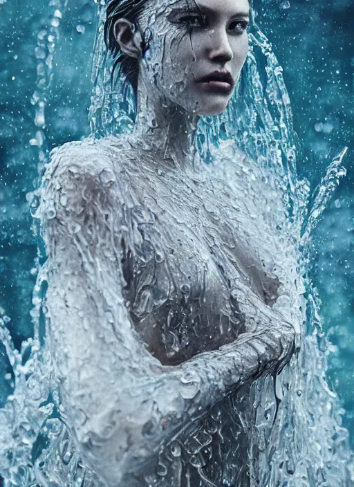 Image similar to sculpture made of water, portrait, female, future, shaman, harper's bazaar, vogue, magazine, insanely detailed and intricate, concept art, close up, wet, ornate, luxury, elite, elegant, trending on artstation, by ruan jia, by Kenneth Willardt, by ross tran, by WLOP, by Andrei Riabovitchev,