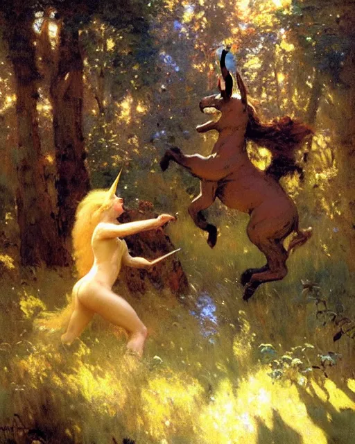 Image similar to unicorn versus bear, enchanted forest, painting by gaston bussiere, craig mullins, j. c. leyendecker