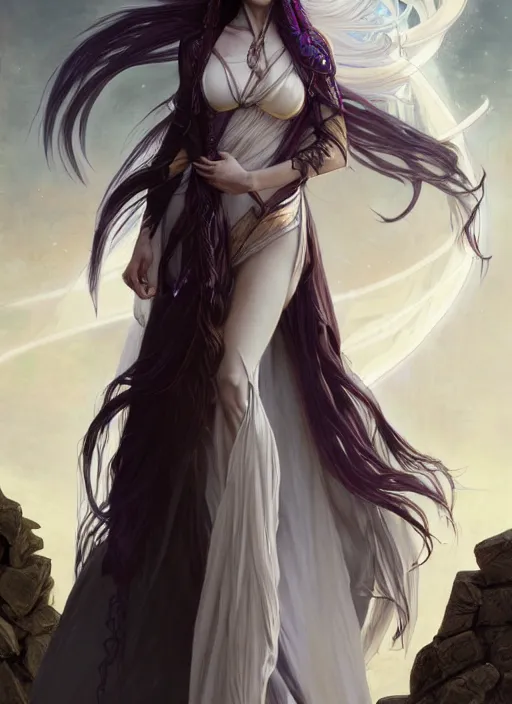 Image similar to portrait of a stunning exotic fantasy dark elf female sorcerer with long white hair flowing in the wind at the location of ancient ruins filled with magic, highly detailed, digital painting, artstation, smooth, sharp focus, illustration, art by artgerm and greg rutkowski and alphonse mucha