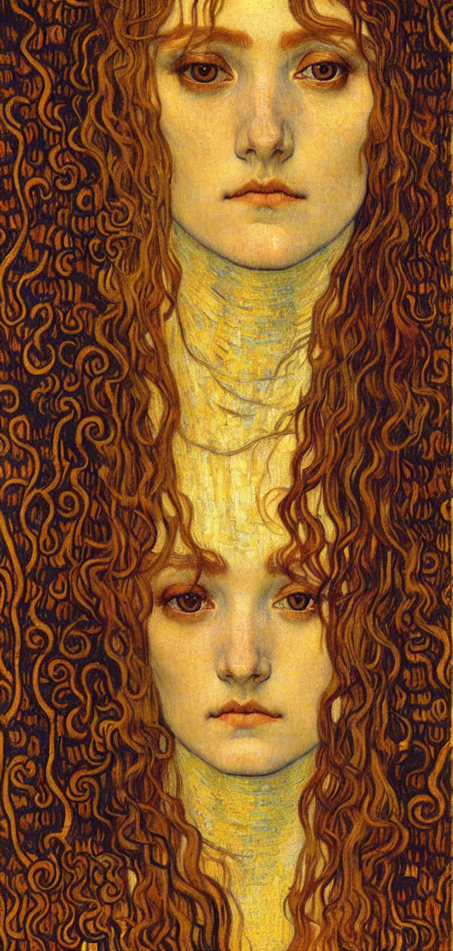 Image similar to detailed realistic beautiful young medieval queen face portrait by jean delville, gustav klimt and vincent van gogh, art nouveau, symbolist, visionary, gothic, pre - raphaelite, muted earthy colors, desaturated